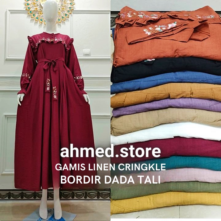 GAMIS CRINGKLE LINEN ORIGINAL/GAMIS BORDIR PREMIUM/GAMIS LINEN KRINGKEL BORDIR MIRIP SALVINA