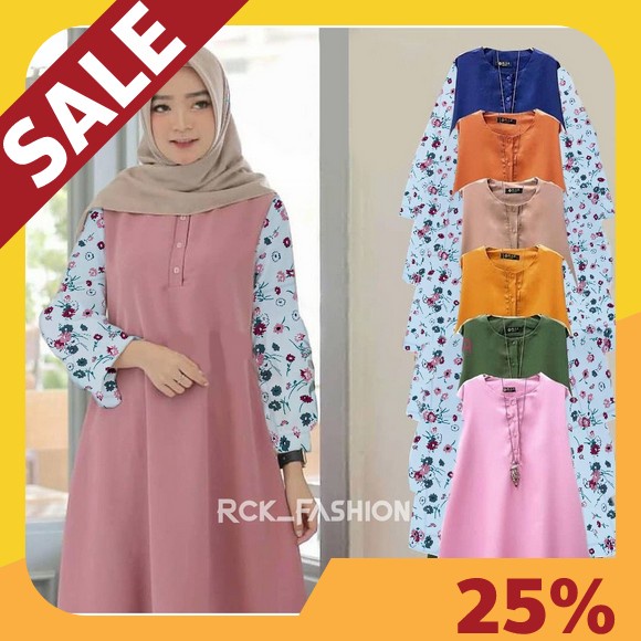 Baju Atasan Muslimah Hello Tunik Terbaru Bahan Katun Linen Fashion Muslim Kekinian Long Tunic Cewek 