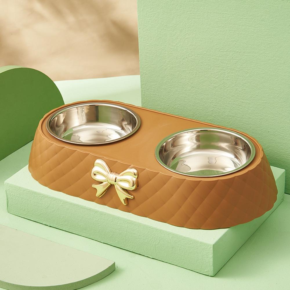 Solighter Mangkuk Makanan Kucing PP Perlengkapan Hewan Peliharaan Stainless New Bow-tie