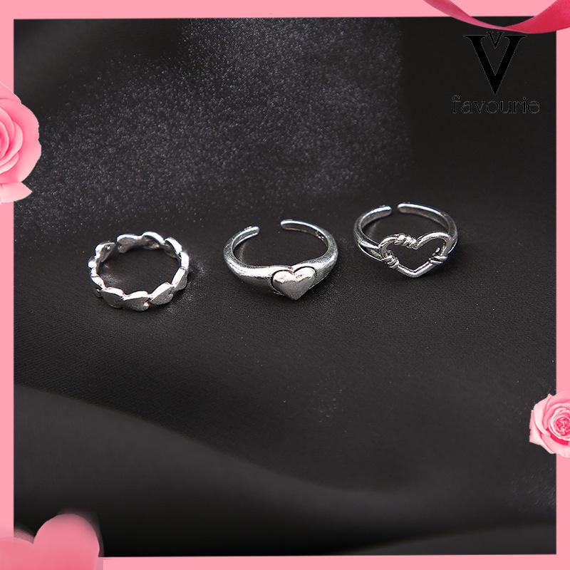 COD3pcs Cincin Model Terbuka Desain Gelombang Hati Warna Silver Gaya Vintage Untuk Wanita-FA