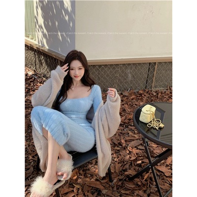 ◘◑✚Suhao Gaya Malas Lengan Panjang Mink Beludru Menebal Sweater Wanita Musim Gugur dan Musim Dingin Kecil Longgar Berbulu Panjang cardigan Jaket