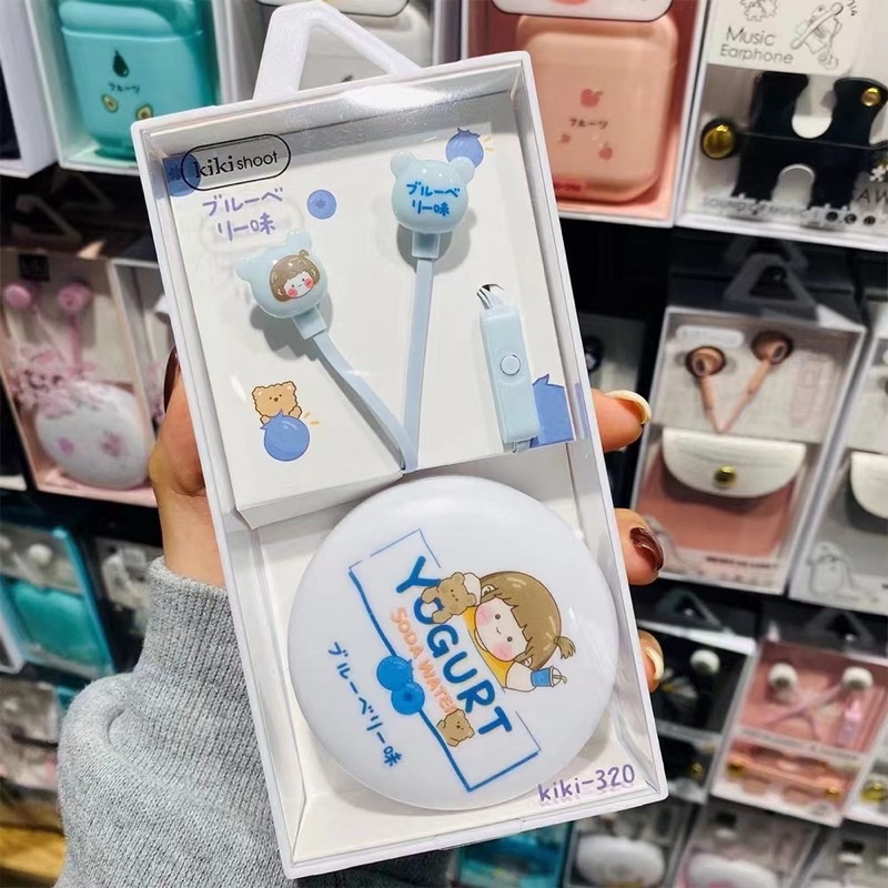 [ KI 320 ] Set Headset Earphone karakter CUTE YOGURT ANIMASI / + Wadah penyimpanan Earphone