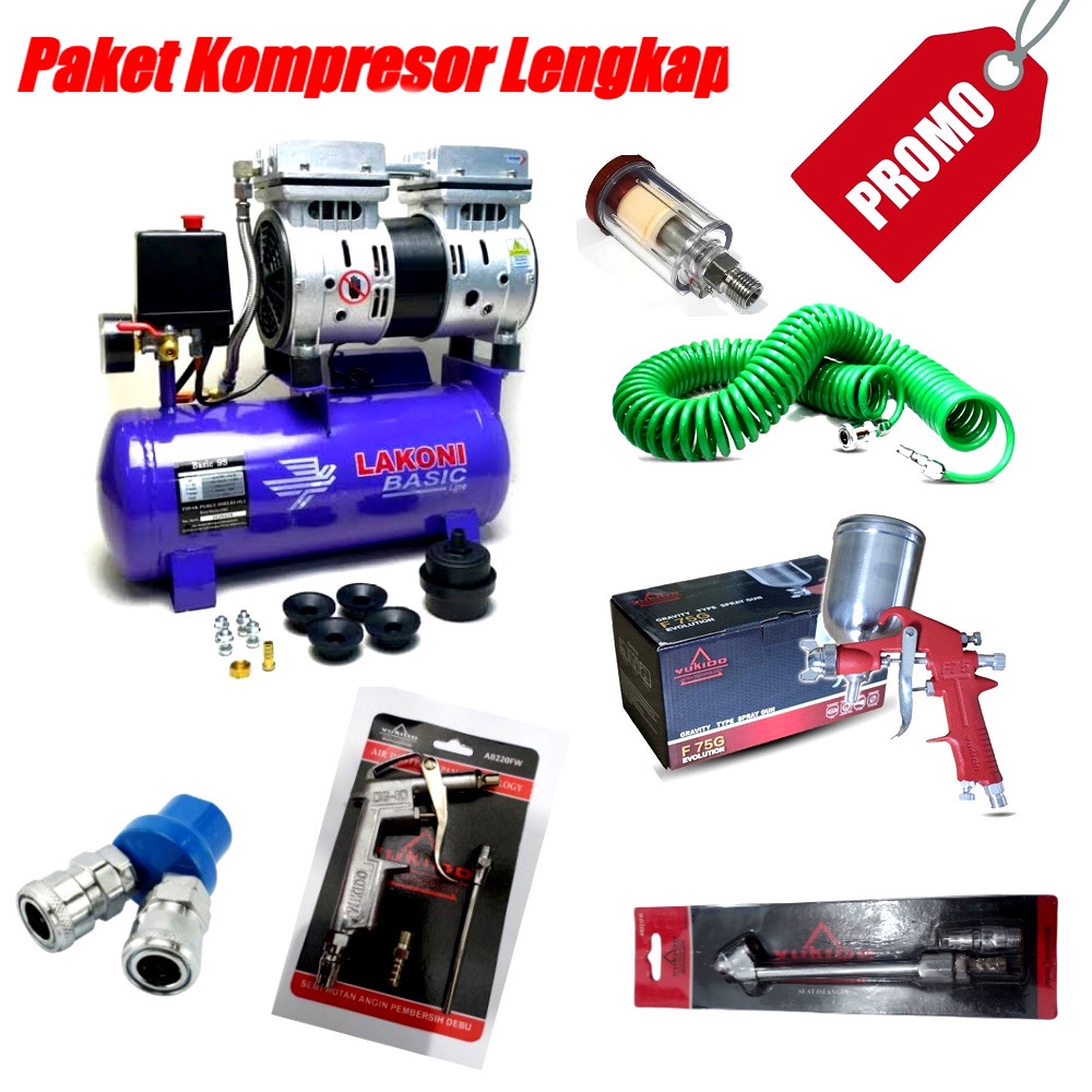 paket kompresor listrik Lakoni imola 75 Oilless Silent 3/4 0.75 HP 9 Liter OL07-09 free coupler 2 cabang