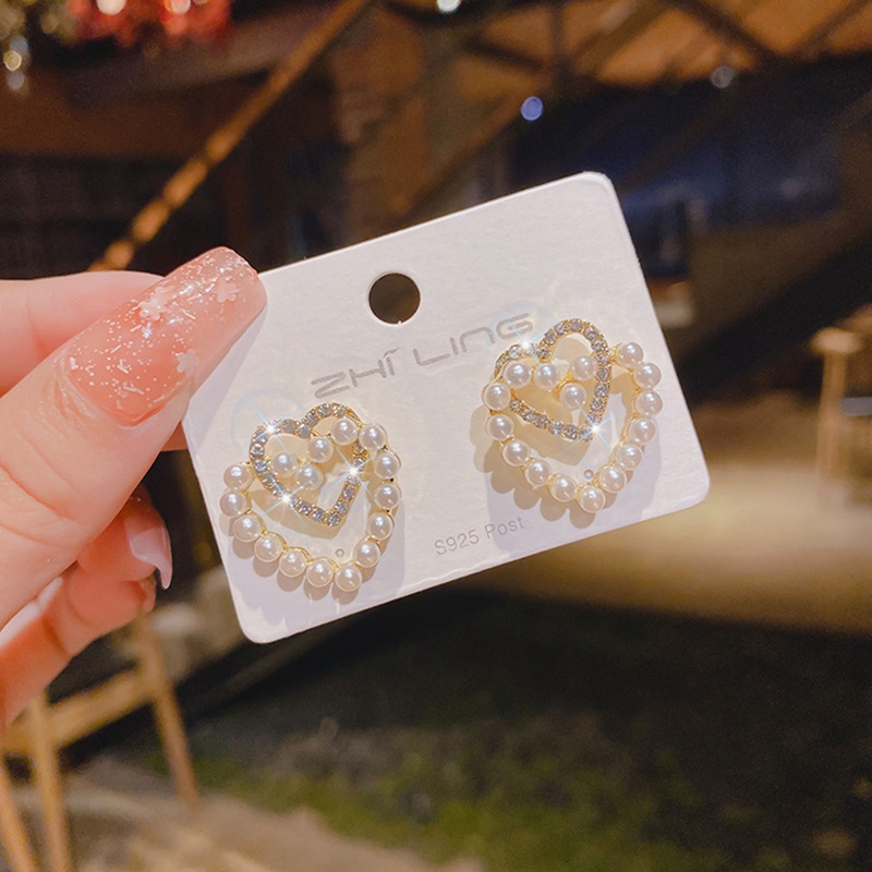 Baru Manis Berlian Imitasi Mutiara Double Heart Stud Earrings Untuk Wanita Gadis Fashion Lucu Perhiasan Pesta Korea Cinta Anting Hadiah