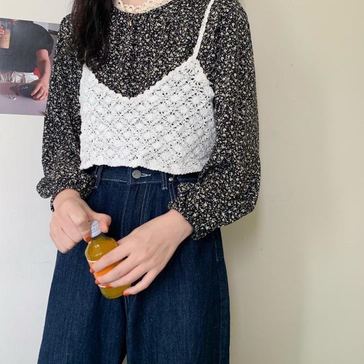 Ready stock Blouse Mina Inner Wanita Lengan Panjang Bunga Leher Bulat Korean Style V54 ➨