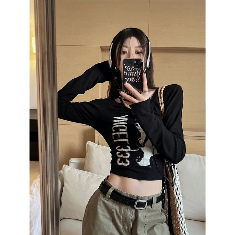 ◆﹍Suhao Rasa Desain Hot Girl Cetak Slim Hitam Lengan Panjang T-shirt Wanita Musim Gugur 2022 Baru Temperamen Slim Pendek top