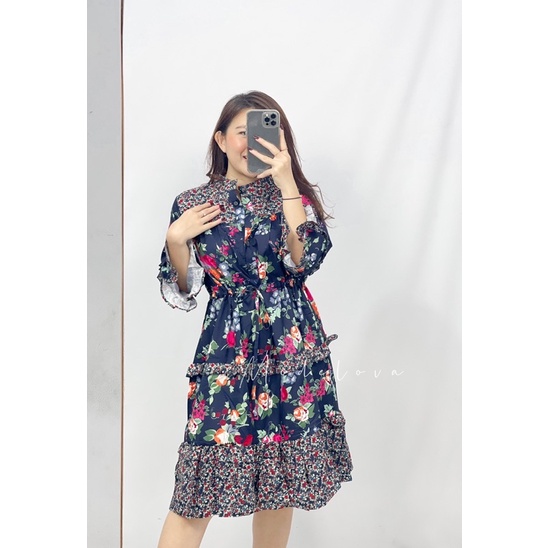 MDLV ~ 6950# Monteria Floral Mini Dress Babydoll Dress Big Size Fashion import