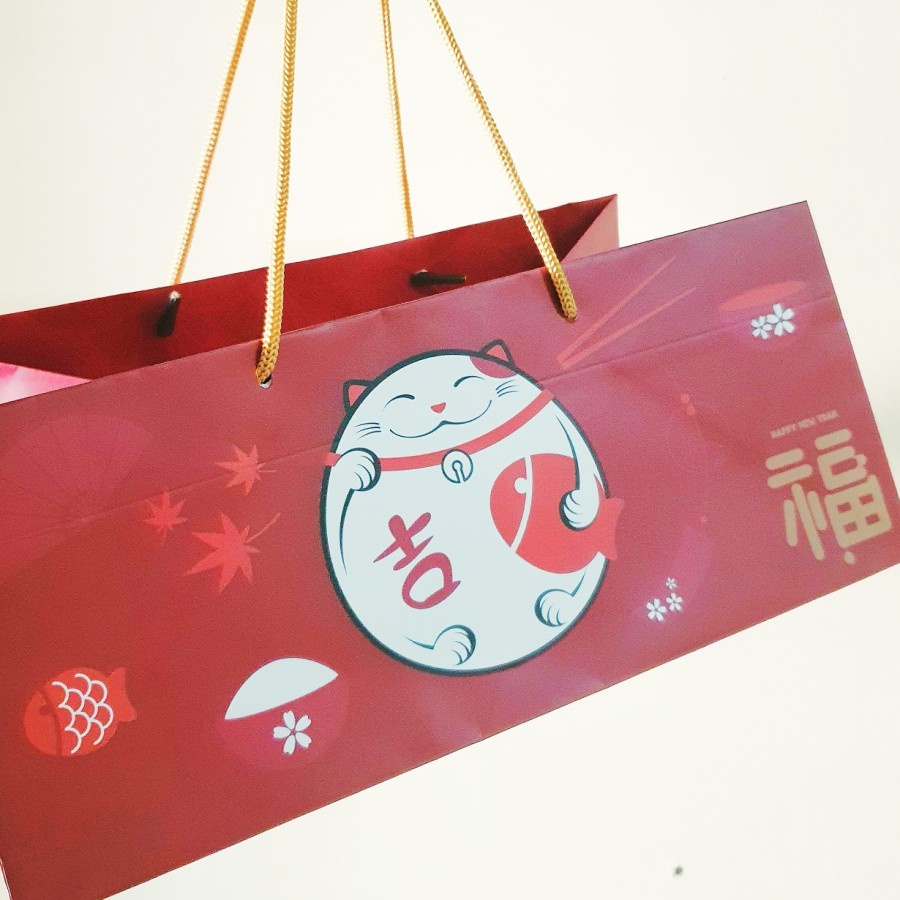 

( 5Pcs ) Paperbag CNY Packaging Hampers Box Cake Goodie Bag Paper Kemasan Parcel Imlek Sincia Ukuran 31x19x13 cm