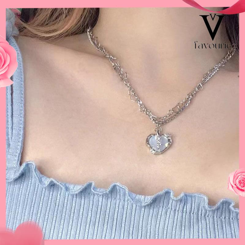 CODKalung Rantai Multilayer Liontin Hati Aksen Zircon Untuk Perhiasan Wanita-FA