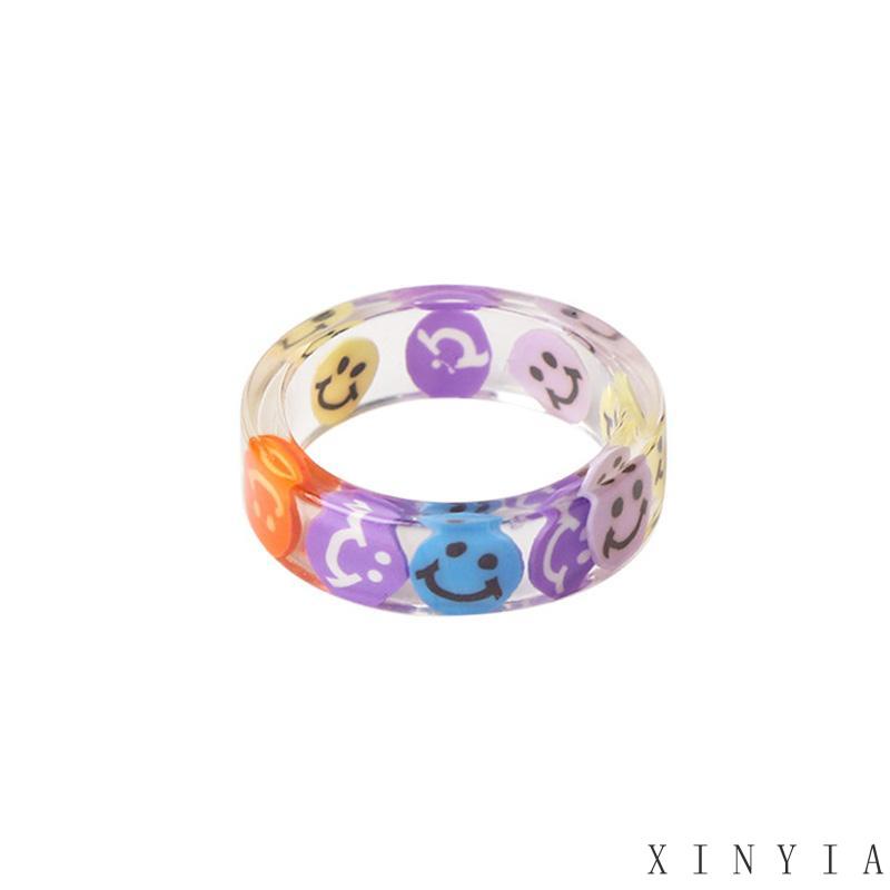 【Bayar di tempat】Resin Tidak Luntur Cincin Wanita Kepribadian Fashion Akrilik Asam Asetat Tembikar Lembut Smiley Ring