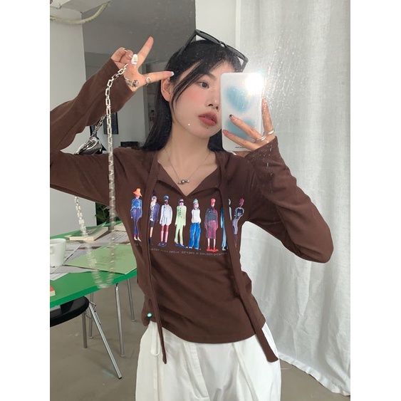 ₪✇┋Suhao American Retro Lengan Panjang T-shirt Wanita Rasa Desain Baru Streamer Musim Gugur Bagian Dalam Membangun Slim Fit Pendek Top Tide Ins