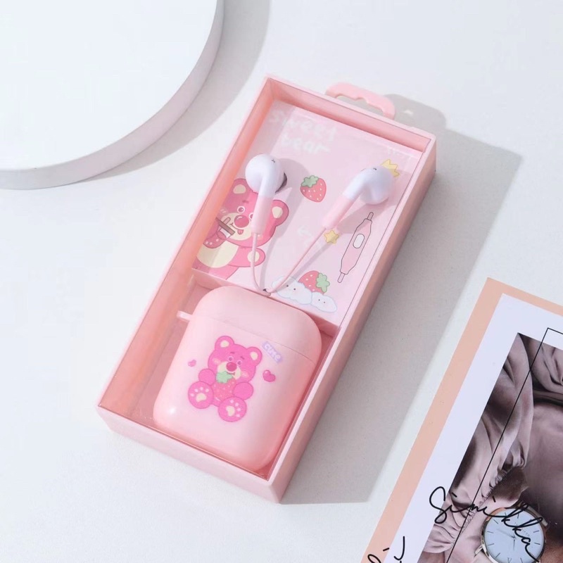 [XY 77] Set Headset Earphone motif  SO Sweet bear cute / + Wadah penyimpanan Earphone Motif