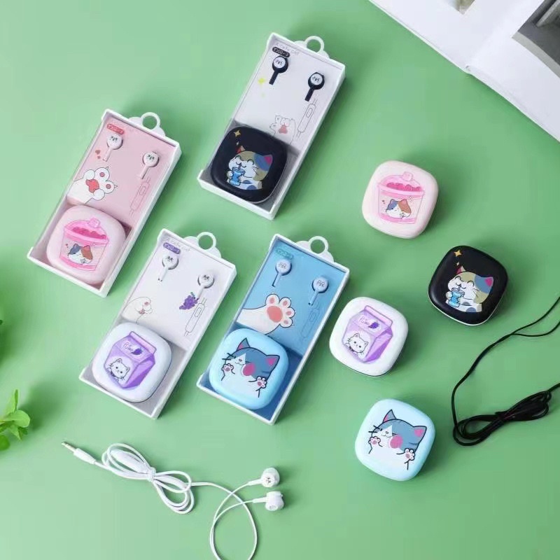 [YXQ-3] Set Headset Earphone karakter l CAT STYLE animasi/ + Wadah penyimpanan Earphone Motif