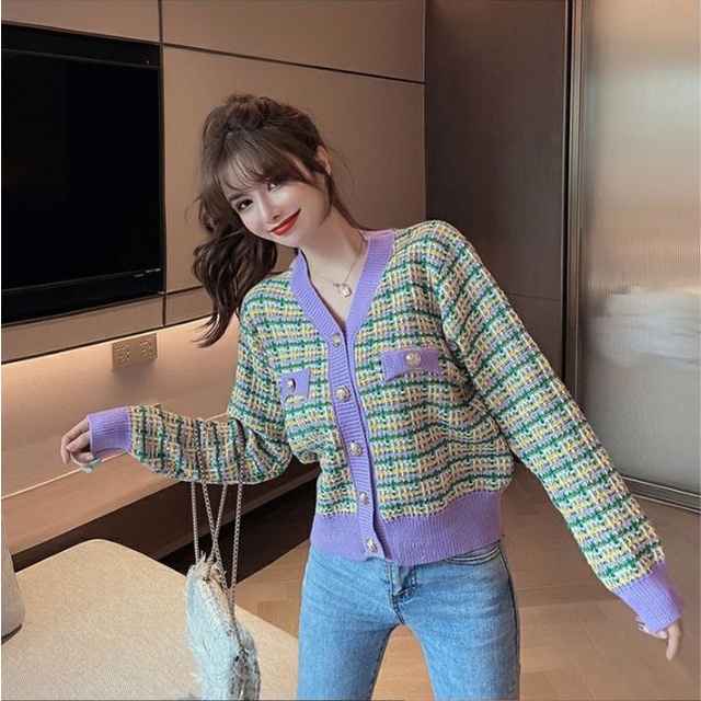 XIAOZHAINV Korean Style Lengan Panjan Rajut Cardigan Crop Top Wanita 6964