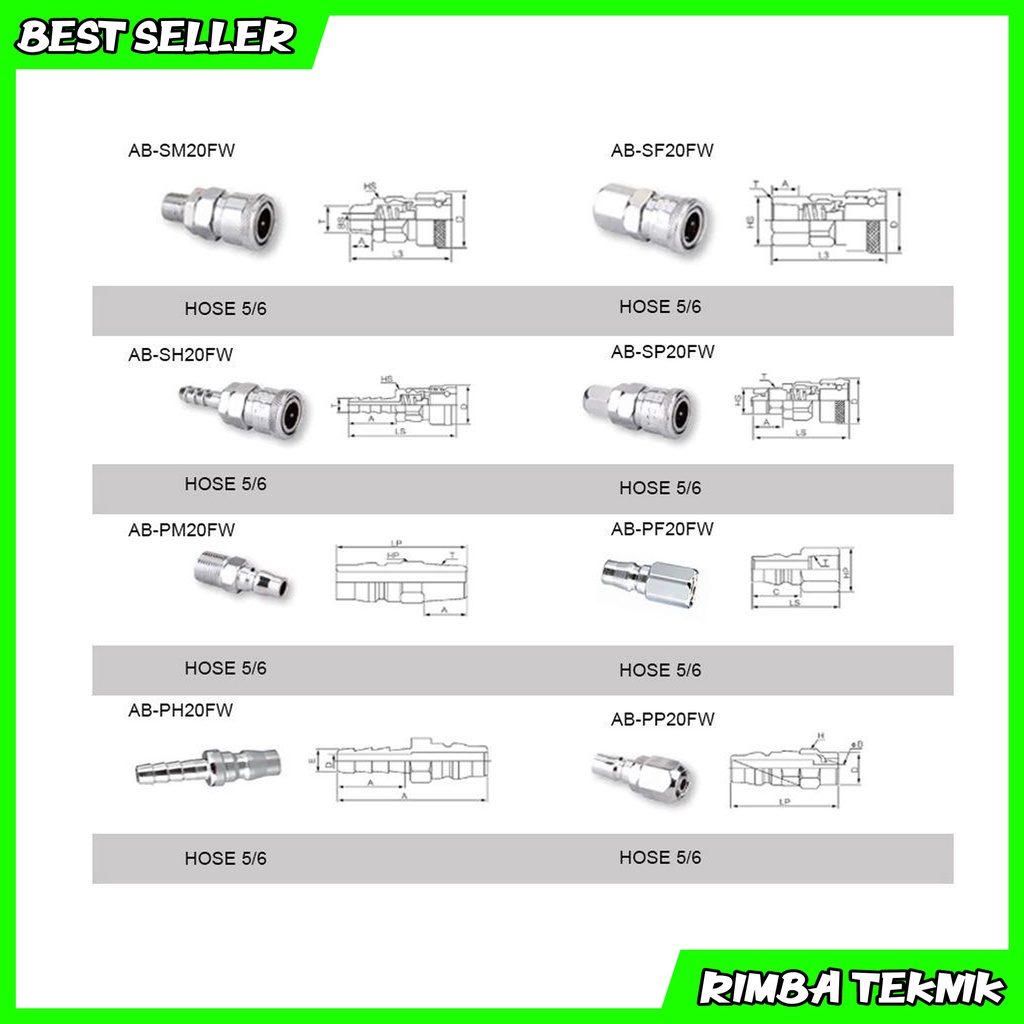 SM20 / PM20 / SH20 / PH2 / SF20 / PF20 / SP20 / PP20 Fitting Pneumatic Air Selang Kompresor quick Coupler Steker Soket Konektor Kopler