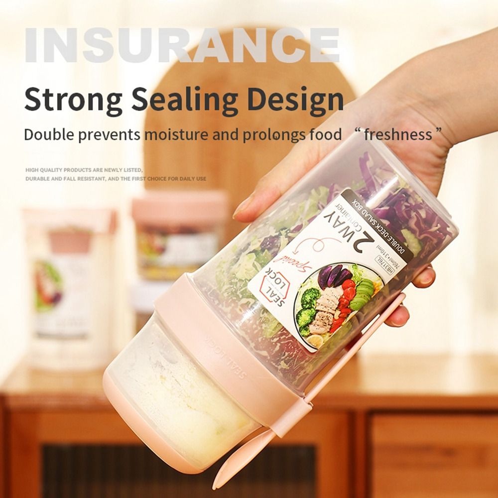 [Elegan] Salad Cup Portable Plastik Dengan Garpu Dipisahkan Double-layer Fresh-keeping Lunch Box
