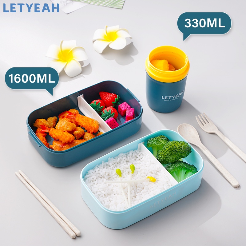 letyeah lunch box set /1600ml kotak makan 2 tingkat anti bocor dengan cangkir sup portabel tas bekal /free sendok