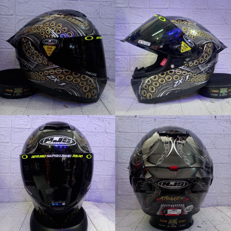HELM NJS ZX-1 KRAKEN BLACK GOLD DOUBLE VISOR PAKET GANTENG NJS ZX1