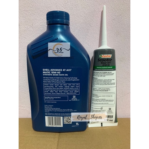 OLI SHELL MATIC AX7 SAE 10W-40 1 LITER &amp; OLI GARDAN SHELL / OLI GARDAN CASTROL 120ML ORIGINAL PAKET OLI MATIC TERMURAH PAKET OLI MESIN NMAX / AEROX NEW 2020 s/d 20.. TERMURAH PAKET OLI PCX TERMURAH PAKET OLI MOTOR MATIC ORIGINAL TERMURAH