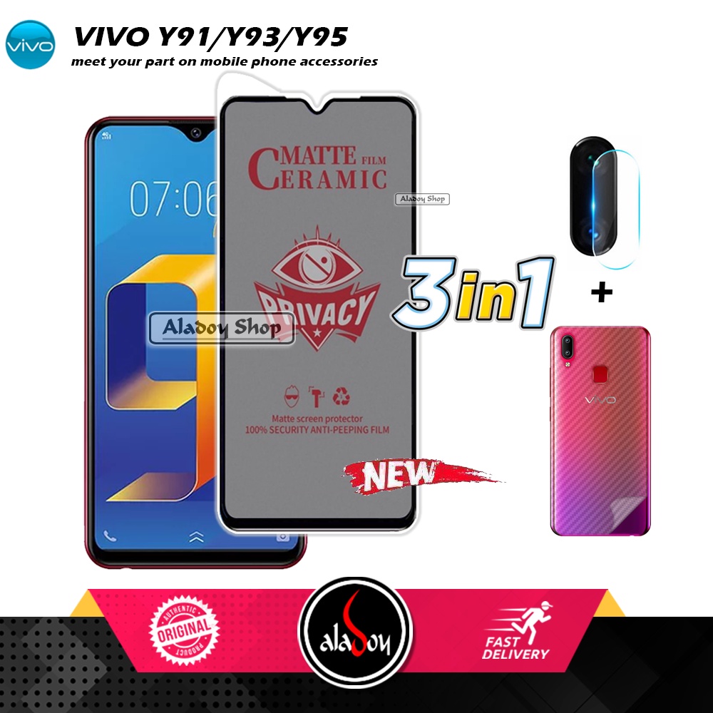 Tempered Glass Anti SPY Vivo Y91/Y93/Y95 Anti Gores Privacy + Tempered Glass kamera dan Skin Carbon