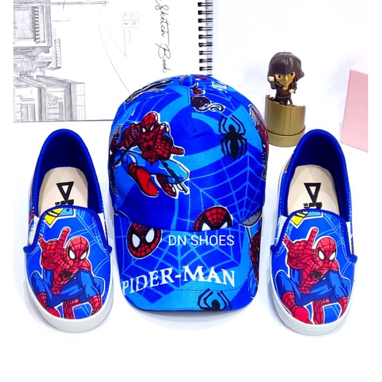 Paket Sepatu Anak Laki laki Topi Anak Paket Slip On Topi Pet Anak Laki Murah Karakter Spider-Man Biru