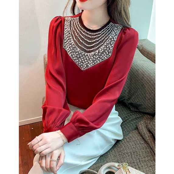 Blouse wanita blouse korea merah lengan panjang katun silk fashion wanita
