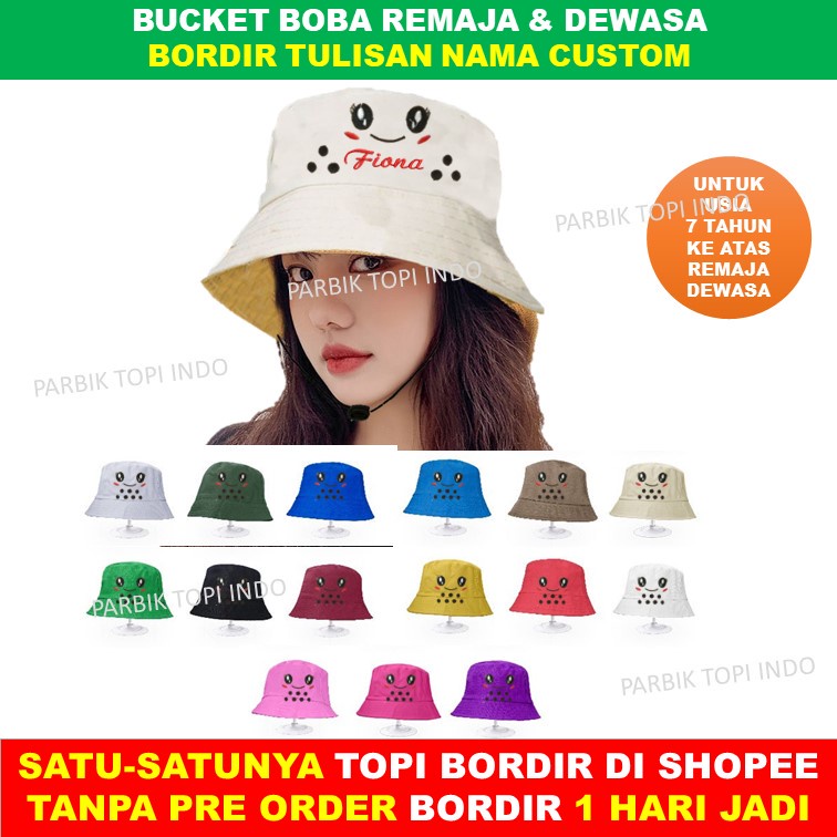 Topi Bucket Dewasa Boba Custom Bordir Nama Usia 7 Tahun ke atas Remaja Hingga Dewasa