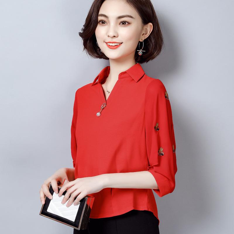 Blouse Kemeja Atasan Wanita Bordir Lengan Panjang Korea Sifon Merah Pink Hitam