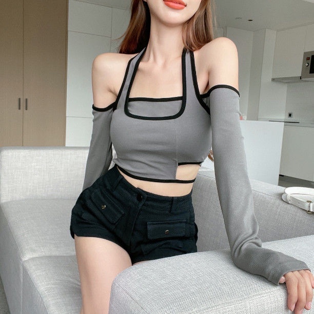 ●Suhao lengan panjang t-shirt desain masuk akal hati-hati mesin hot gadis palsu dua potong menggantung leher atas awal musim gugur baru satu bahu keinginan murni pakaian wanita