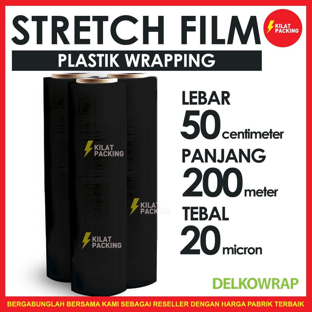 

PLASTIK WRAP KUAT TERMURAH - STRETCH FILM HITAM - DELKOWRAP - UKURAN 50CM X 200M TEBAL 1 DUS