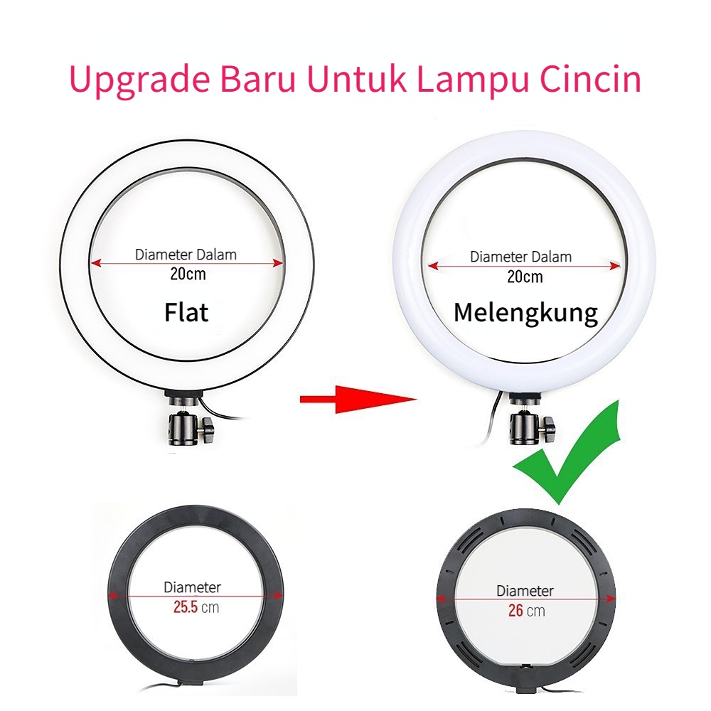 Cincin lampu Led 26cm dengan Tripod berdiri tinggi 2.1 m panjang lampu Selfie Buat Tik Tok Youtube Live Streaming 26cm + Tripod 2,1 Meter / 1,3 Meter / Cincin Lampu / Lampu Tiktok MakeUp