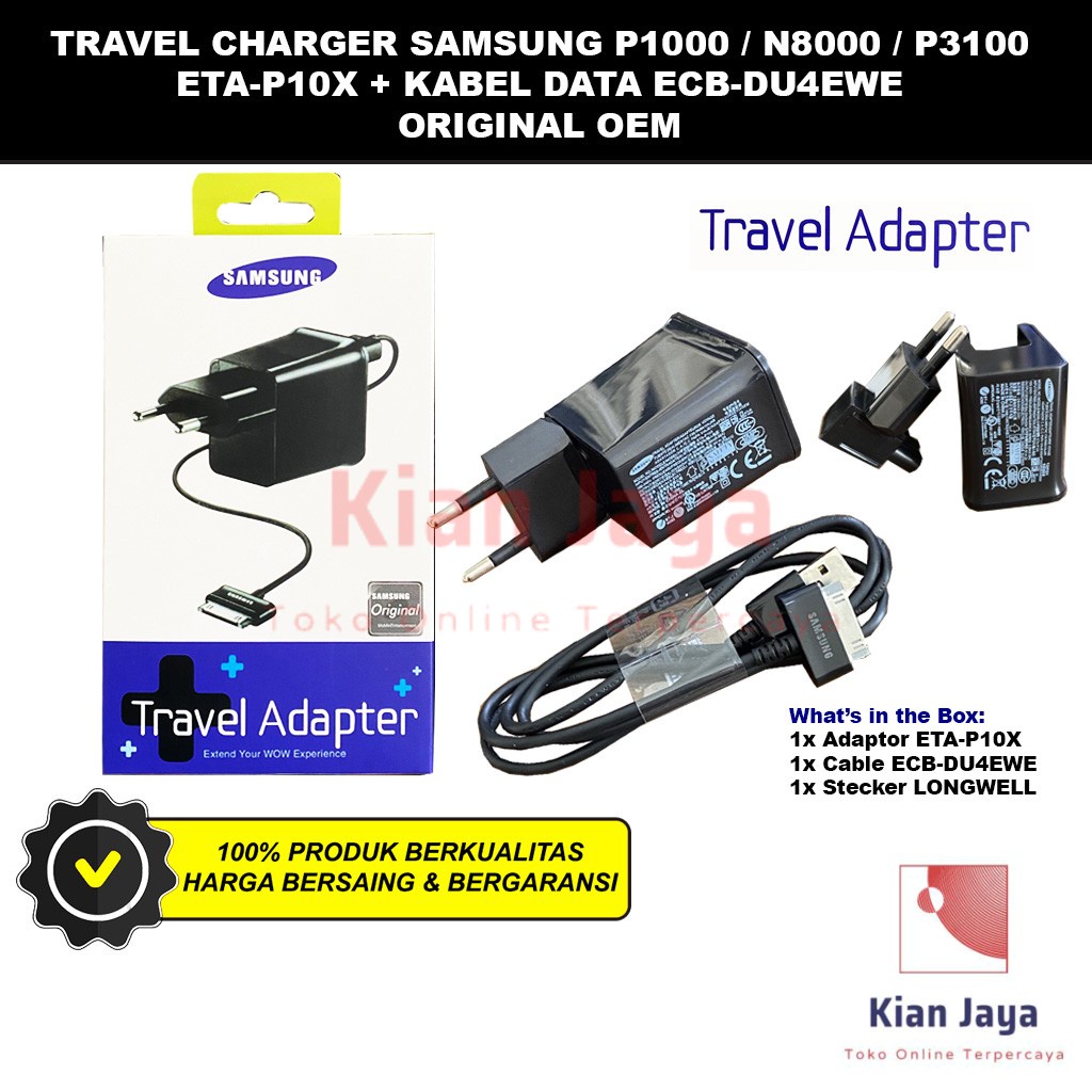 Travel Charger Galaxy Tab P1000 / Note 10.1 Inch N8000 / Tab 2 7 Inch P3100 ETA-P10X + Kabel Data ECB-DU4EWE Original OEM Casan Adaptor Charge TC