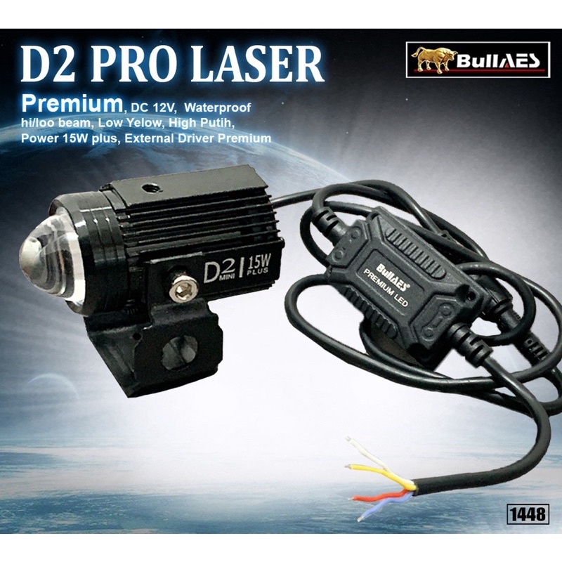 Lampu Tembak Laser D2 PLUS Hi Loo 15 Watt Laser Output merk BULLAES Lampu tembak Mini driving 15watt