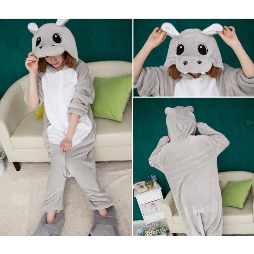 BAJU ONESIE KUDA NIL BADAK AIR HIPPOPOTAMUS RHINOCEROS KOSTUM PESTA COSPLAY KIGURUMI IMPOR HEWAN