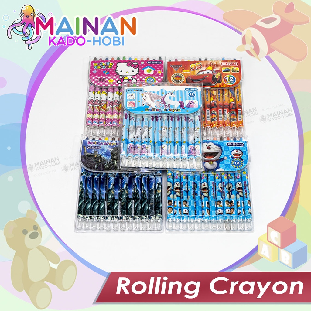 ALAT TULIS STATIONERY ROLLING CRAYON PANJANG PUTAR KARAKTER ANIME KARTUN SUPERHERO