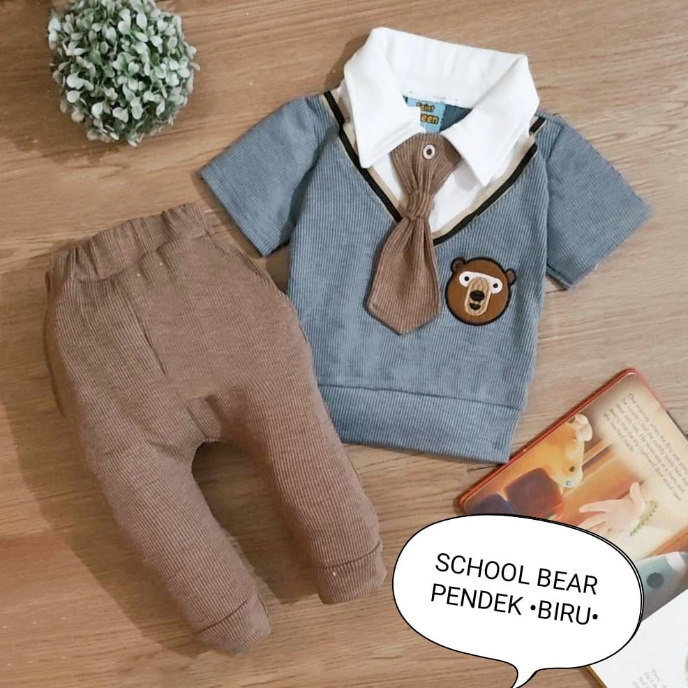 Setelan Anak Laki Laki - Baju Bayi Cowok Set Kemeja Rompi Dasi Tangan Dan Celana Pendek Usia 3 Bulan-4 Tahun Motif School Bear Pendek