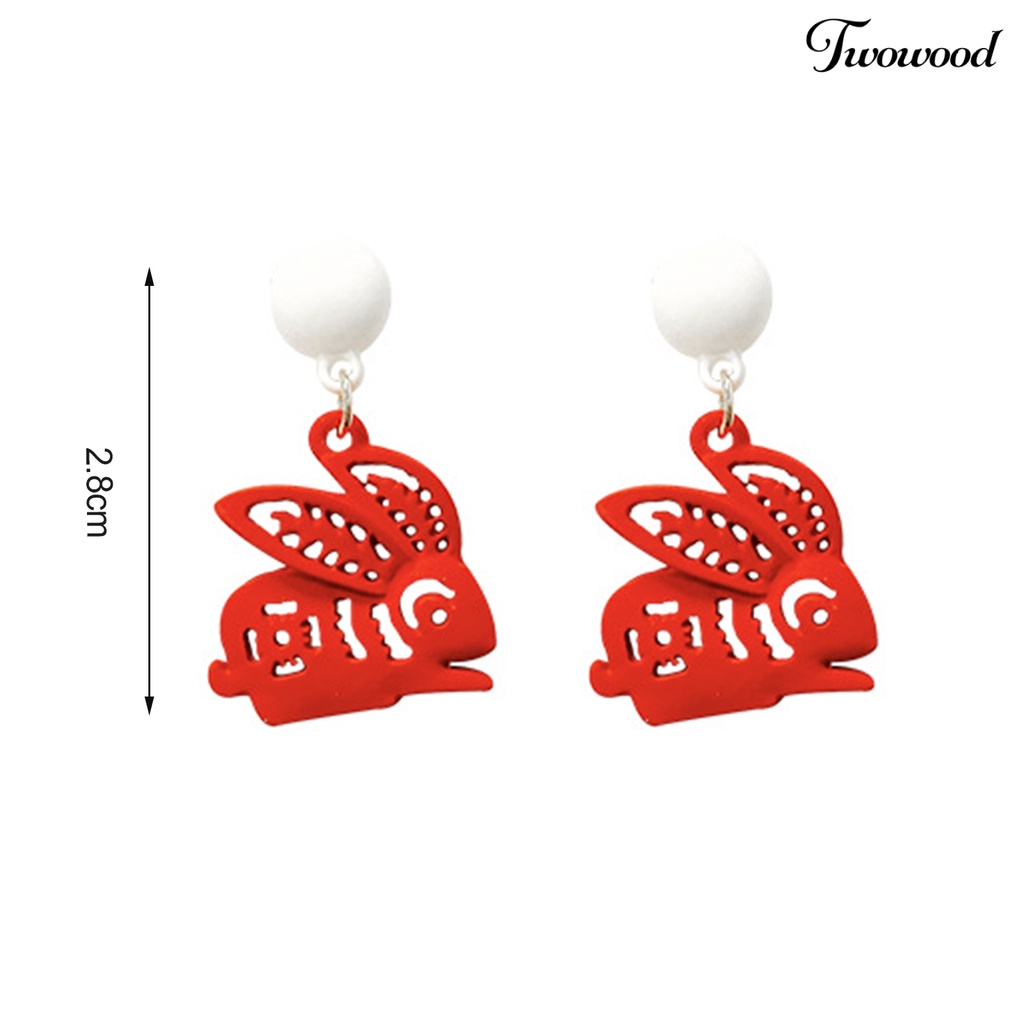 Twowood 1pasang Anting Menjuntai Kelinci Dekorasi Karakter Cina Romantis Menguntungkan Mutiara Imitasi Hiasan Telinga Vintage Cina Merah Cutting Paper Rabbit Earrings Aksesoris Pakaian