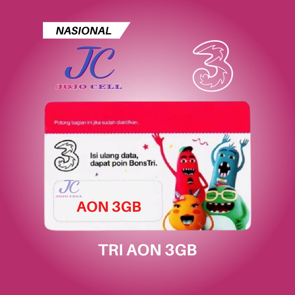VOCHER VOUCHER KUOTA 3 TRI THREE AON 3GB/6GB jabar kecuali bodebek, karawang, sukabumi dan cianjur