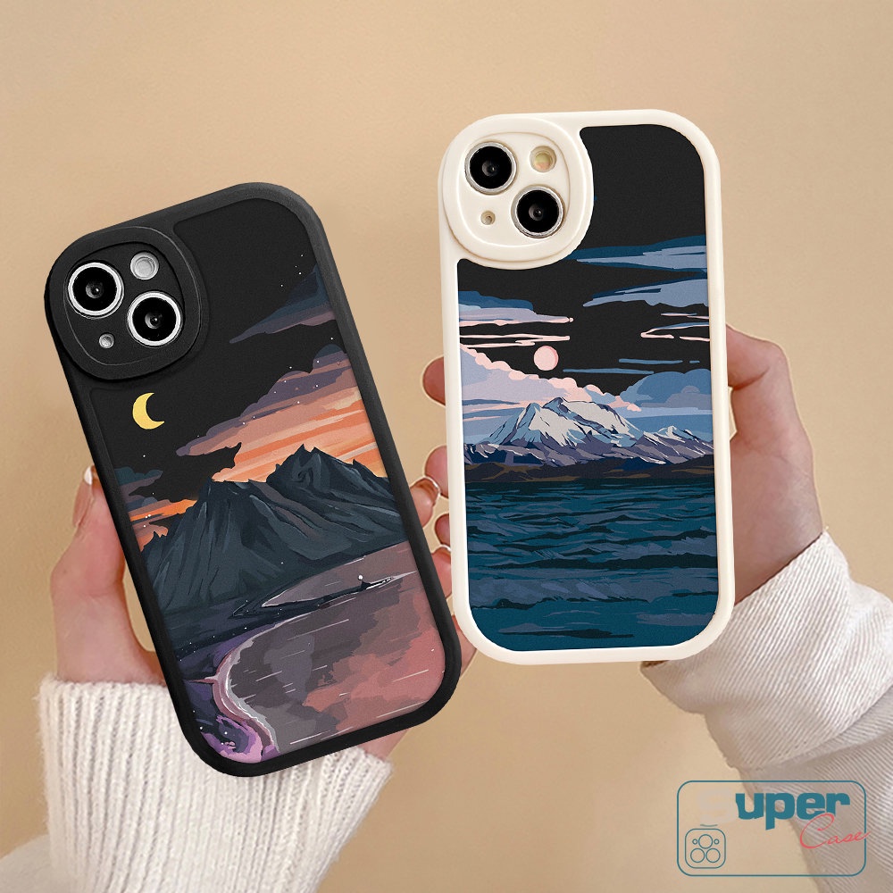 IPHONE Casing Ponsel Lukisan Cat Minyak Kompatibel Untuk Iphone14 13 12 11 Pro Max7 8 6 6s Plus 14plus XR X XS MAX SE 2020pasangan Salju Gunung Sunset Pemandangan Lembut TPU Case