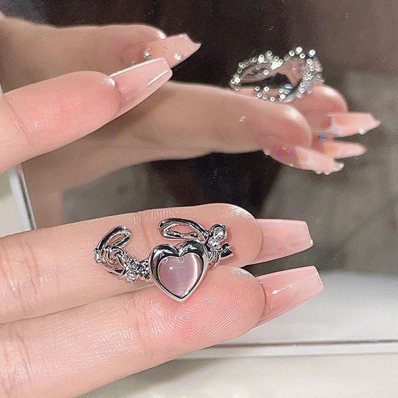 Cincin Fashion Hati Cat Eye Peach Heart Adjustable Women Design Premium Rings Hadiah Perhiasan Pesta Pernikahan