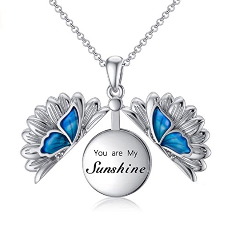 Perhiasan Kremasi Bulat Untuk Abu, Silver Sunflower Butterfly Guci Ashes Kalung Untuk Wanita Kenang Kenangan Memorial You Are My Sunshine Guci Liontin