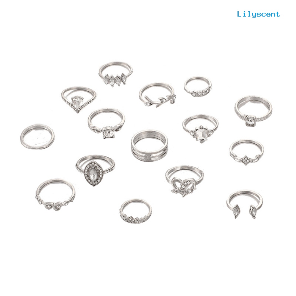 [LS]15Pcs /Set Boho Wanita Berlian Imitasi Daun Hati Geometris Jari Cincin Perhiasan Hadiah