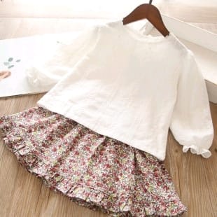 Setelan set white blouse blus putih lengan panjang anak perempuan rok flower skirt ( SET701 )