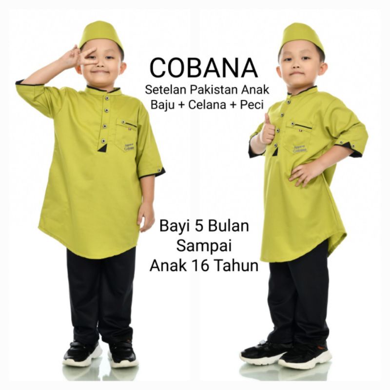 Cobana Moslem - Baju Koko Setelan Anak Warna Lemon Koko Setelan Anak Lime Baju Celana Peci