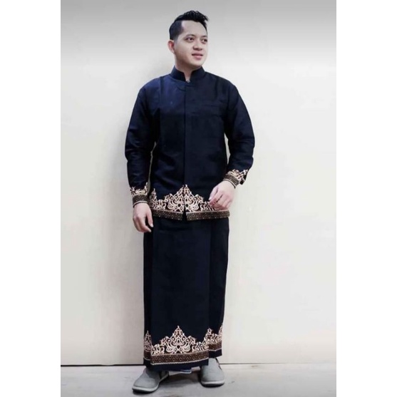 SETELAN SARUNG + KEMEJA KOKO motif TUMPAL HITAM Lengan panjang Lapis Furing