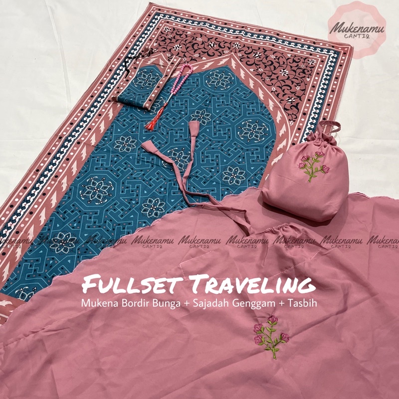 Fullset Mukena Travel Bordir Bunga + Sajadah Traveling Motif Kashmeer