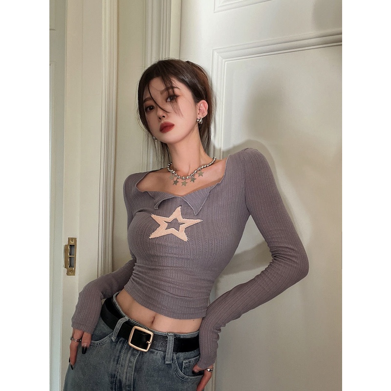 ⊕▪Suhao Inner Pendek Pullover Top Gaya Korea Chic Pola Bintang Musim Gugur Slim Lengan Panjang T-shirt Kemeja Wanita Retro