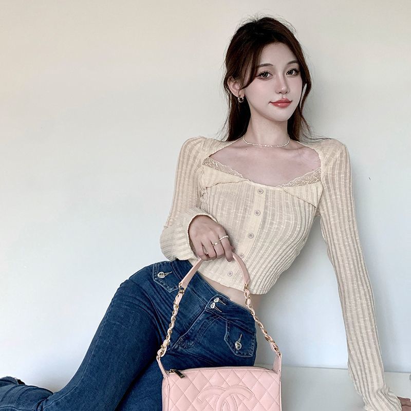 ✆Suhao SUCHCUTE Keinginan Murni Renda Jahitan Leher Persegi Navelless Lengan Panjang T-Shirt Wanita Slim Pinggang Tinggi Slim Panas gadis Top