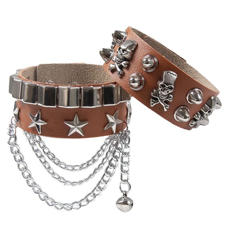 [Z H Jewelry] Hip Hop Rock Pria Fashion Motor Stainless Steel Multilayer Kulit Tengkorak Gelang/Aksesoris Perhiasan Pesta