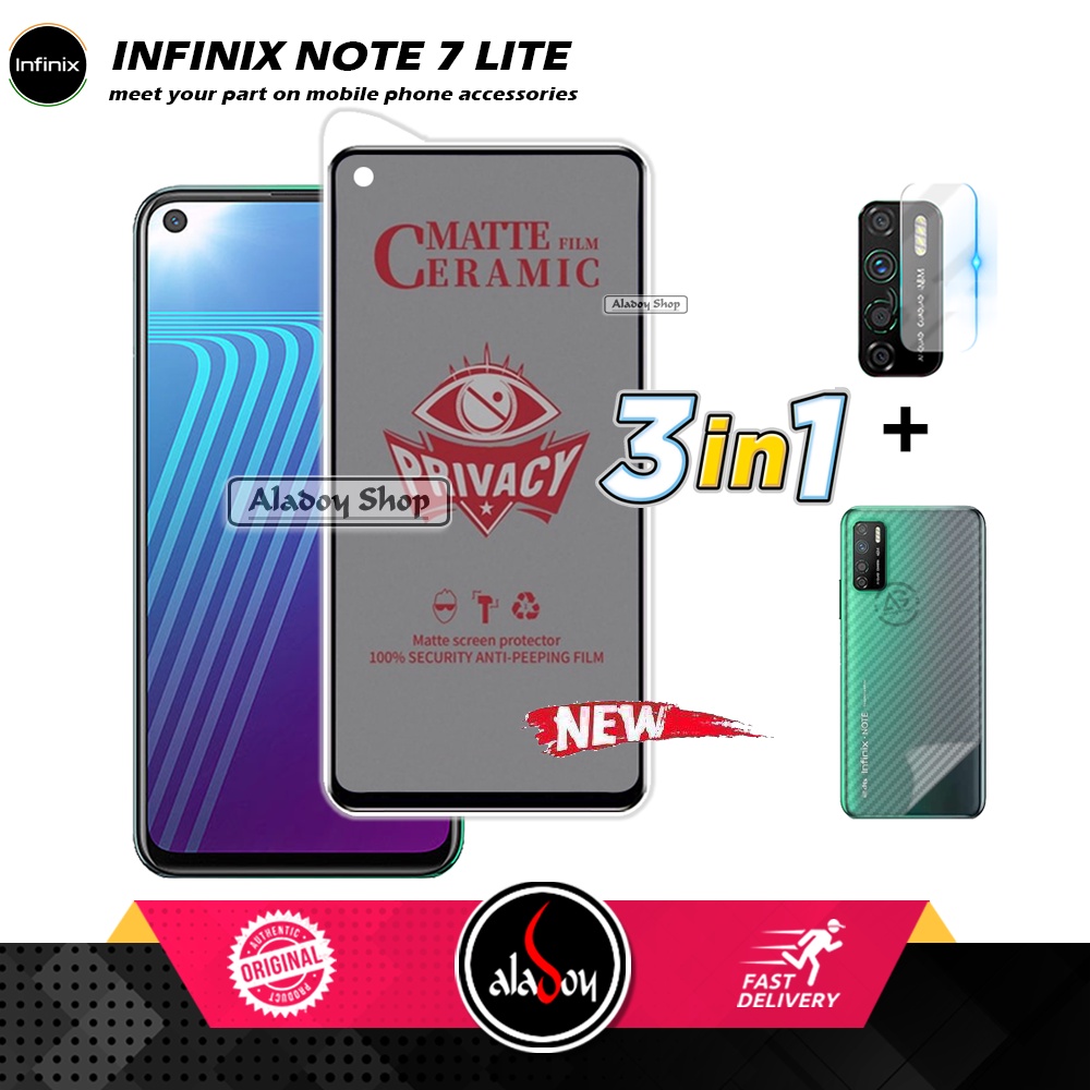 Tempered Glass Anti SPY Infinix Note 7 Lite Anti Gores Privacy + Tempered Glass kamera dan Skin Carbon